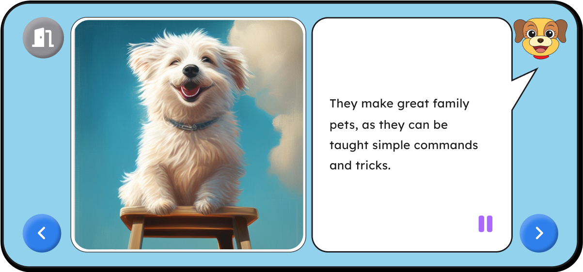 example of a book page showing an image of a dog and some text